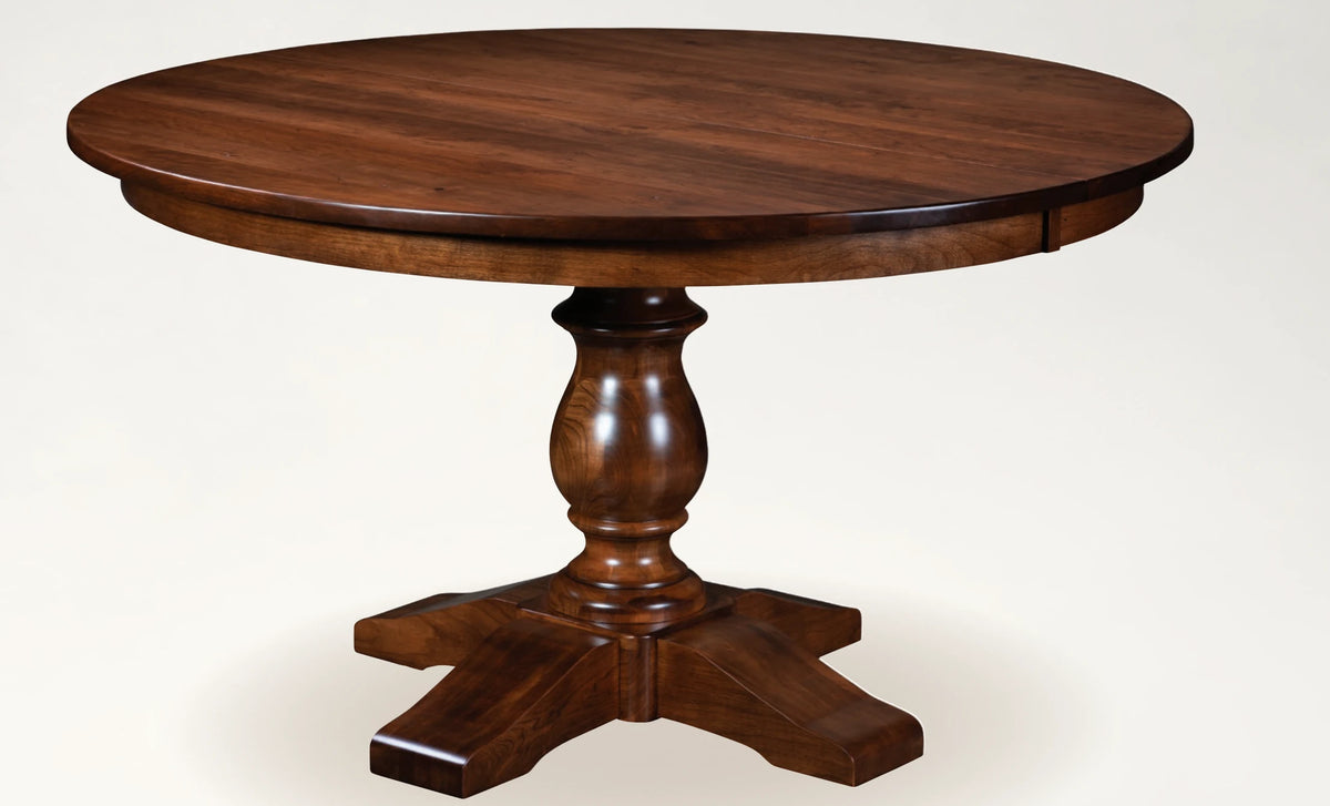 Alex solid wood single pedestal dining table, round top