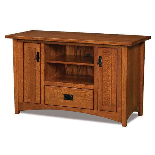 Arts and Crafts Plasma Table with slatted sides and storage drawers.