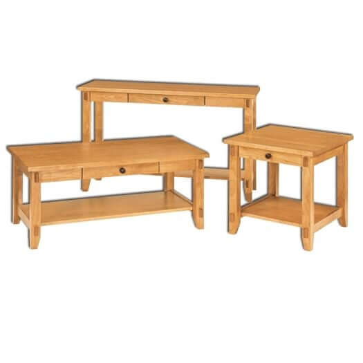 Bungalow Occasional Tables set including large and small end tables, coffee table, lift-top coffee table, and sofa table.