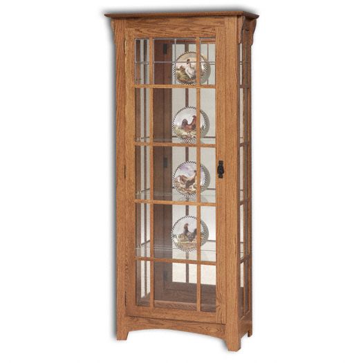 Mission style single door curio cabinet with decorative mullions and glass display door.