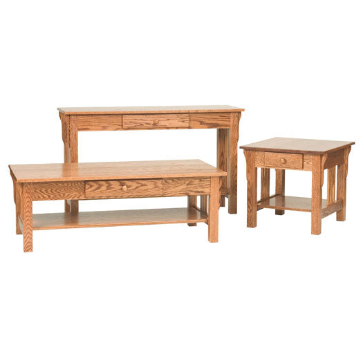 Complete Slat Mission Occasional Table Set with coffee, end, and sofa tables.