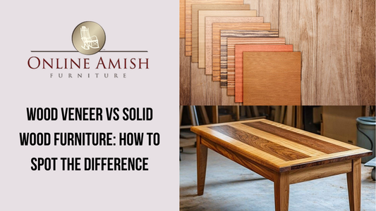 Comparison showing wood veneer versus solid wood furniture construction and grain patterns