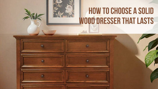 Solid wood dresser in a modern bedroom interior.