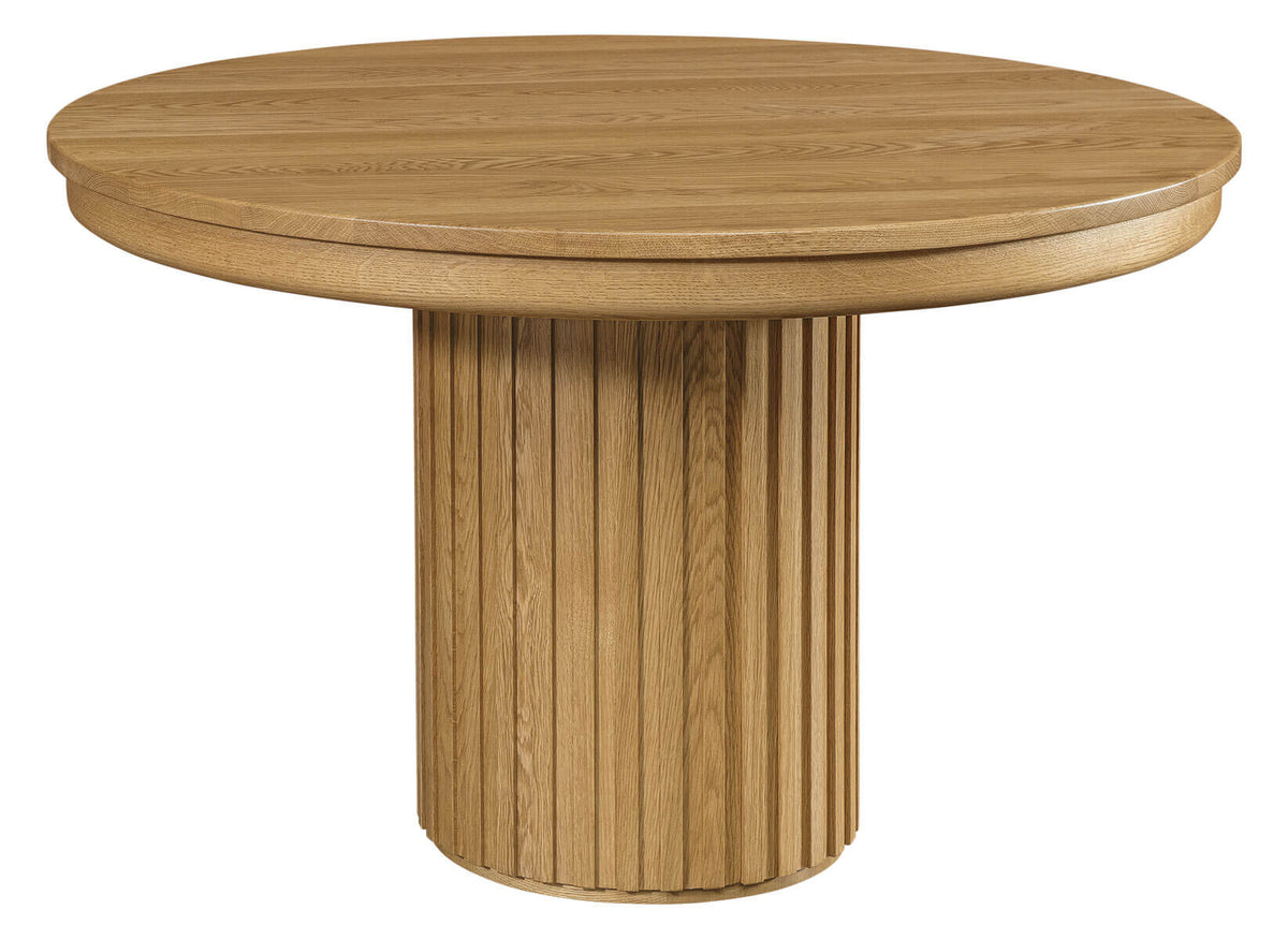 Casey round solid wood pedestal dining table in white oak with Granola stain