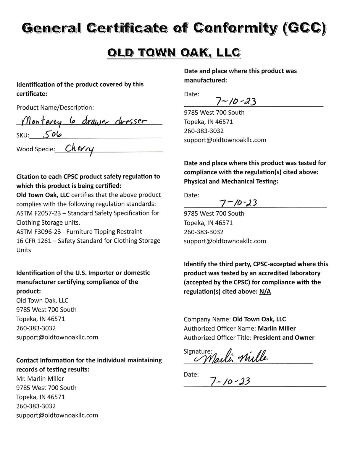 Old Town Oak General Certificate of Conformity
