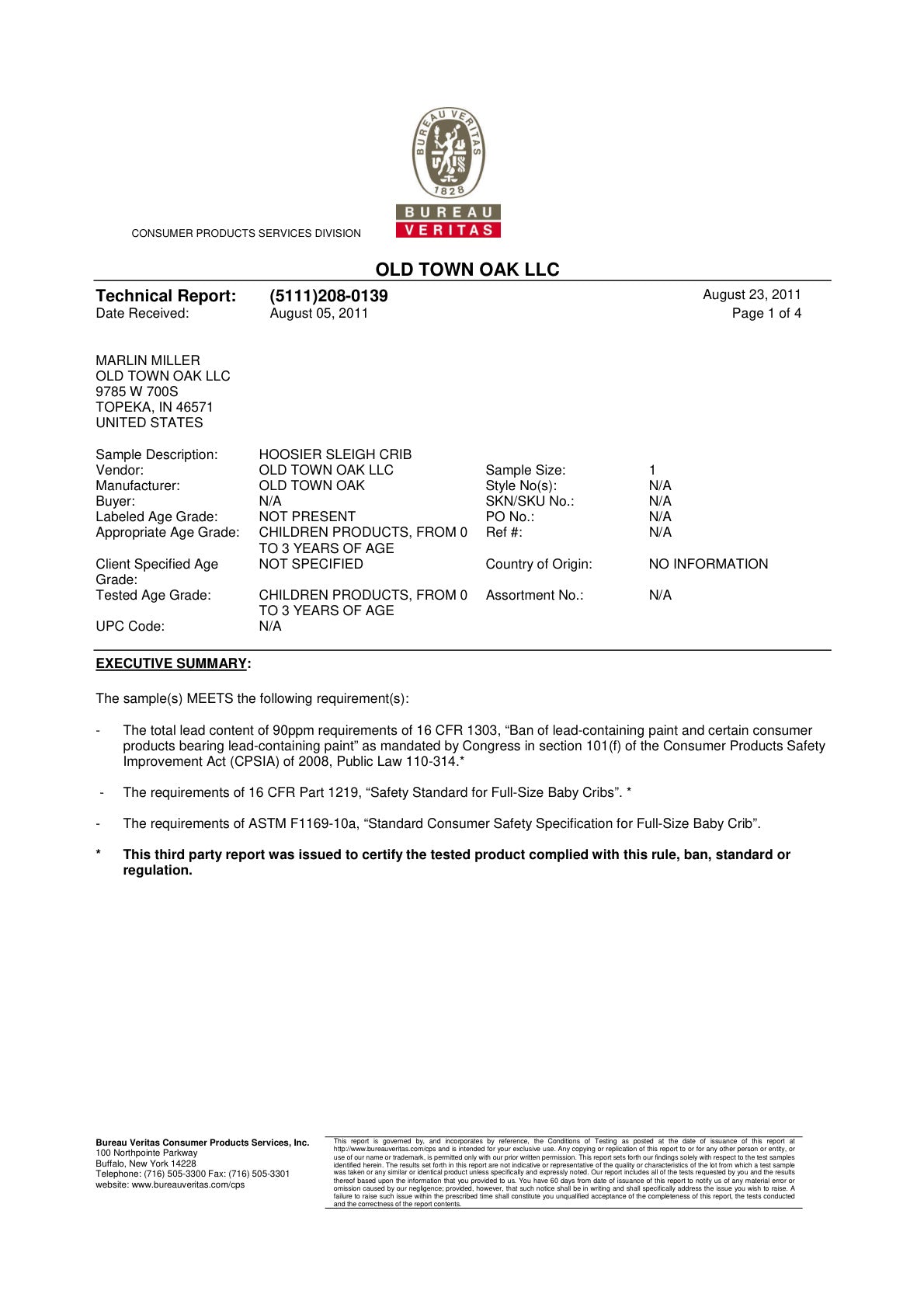 Old Town Oak Hoosier Sleigh third-party test certificate page 1