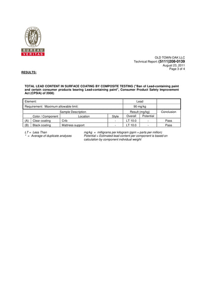 Old Town Oak Hoosier Sleigh third-party test certificate page 3